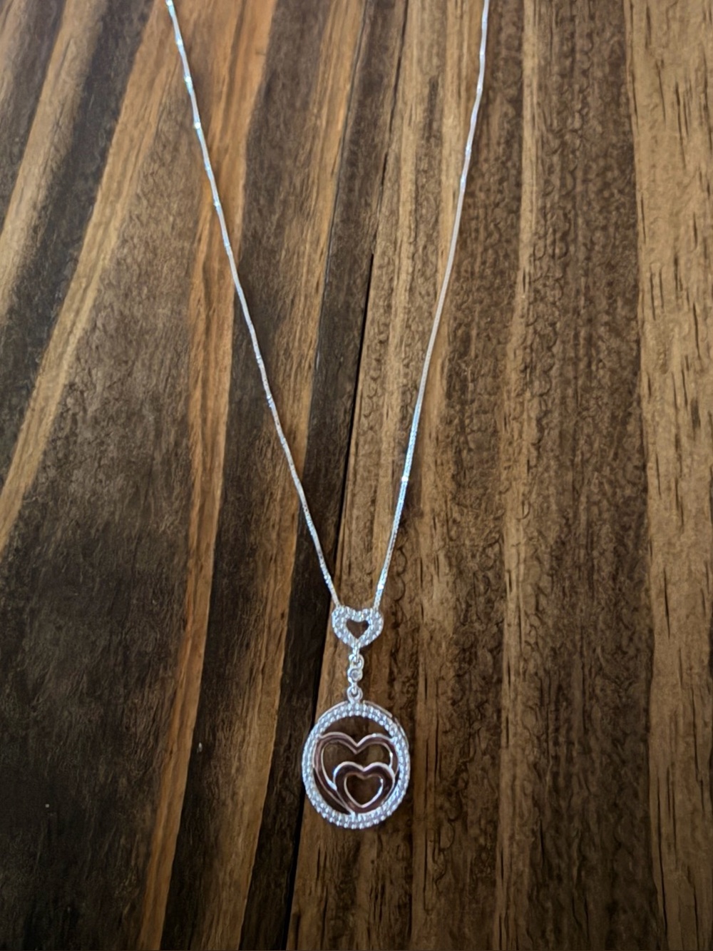 14K White Gold/925 Sterling Silver Double Heart Natural Diamond Necklace